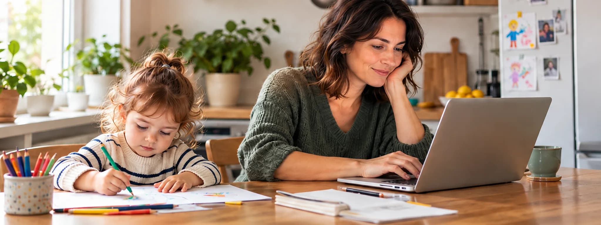 Una madre prepara i documenti al computer mentre la figlia disegna al tavolo di casa